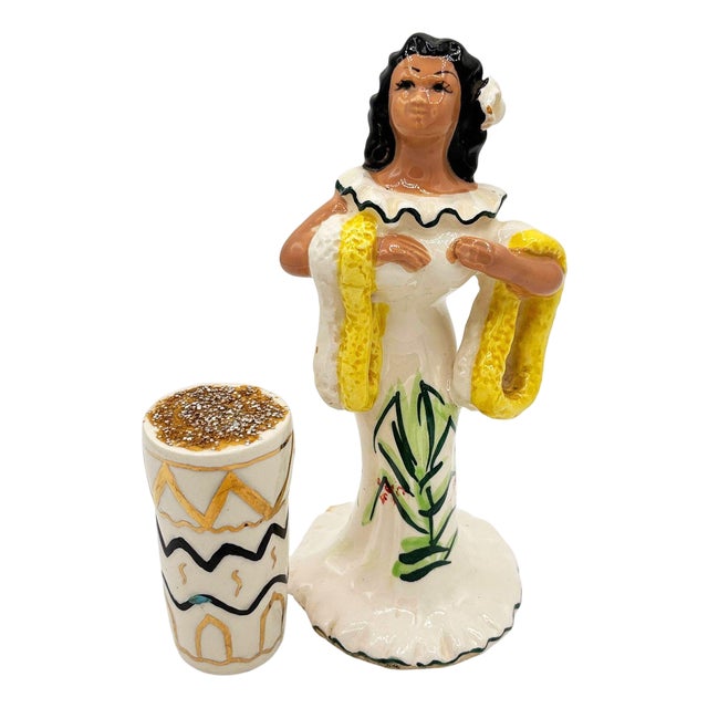 Mid 20th Century Hawaiian Hula Girl Lei Ceramic Figurine W/ Bongo For Sale
