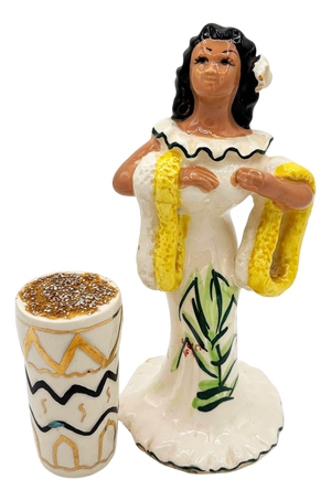 Mid 20th Century Hawaiian Hula Girl Lei Ceramic Figurine W/ Bongo