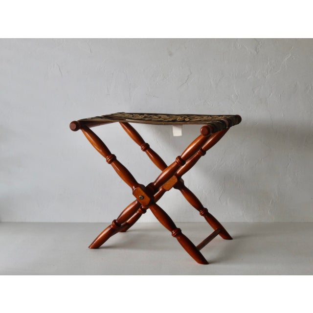 French Vintage French Beechwood and Tapestry Folding Luggage Rack Nailhead Detail For Sale - Image 3 of 18