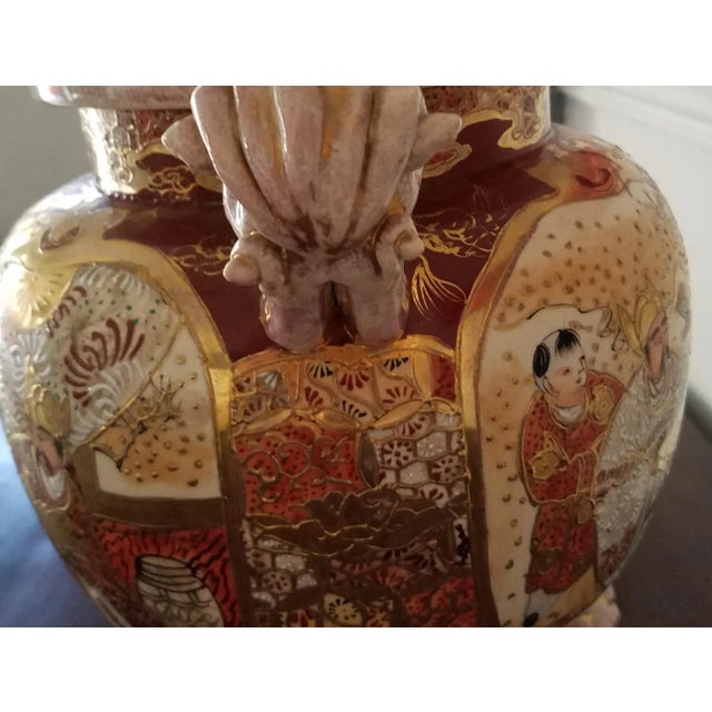 Ceramic Antique Japanese Satsuma Covered Urn With Foo Dog Handles and Open-Mouth Foo Dog Lid For Sale - Image 7 of 10