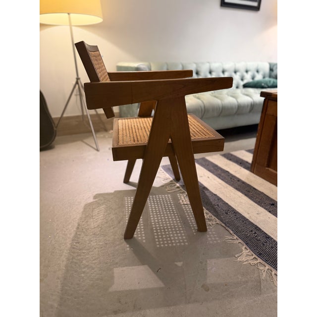 Vintage Teak & Cane Chandigarh-Style Armchair, Pierre Jeanneret Style For Sale - Image 10 of 14