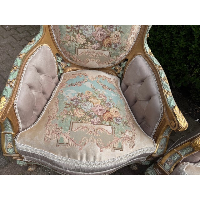 1940 French Louis XVI Pastel Beech Sofa Set - 7 Pc For Sale - Image 17 of 18