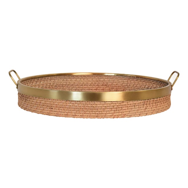 Matthew Izzo Home Babs 18" Round Natural Rattan and Brass Trim Serving Tray For Sale