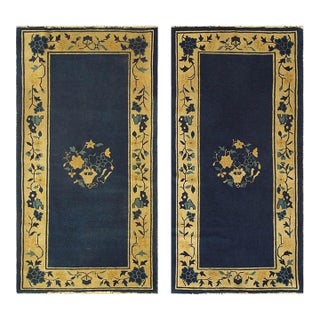 1920s Navy Open Field Floral Deco Oriental Antique Peking Knotted Wool Small Rug For Sale