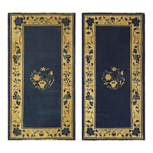 1920s Navy Open Field Floral Deco Oriental Antique Peking Knotted Wool Small Rug For Sale