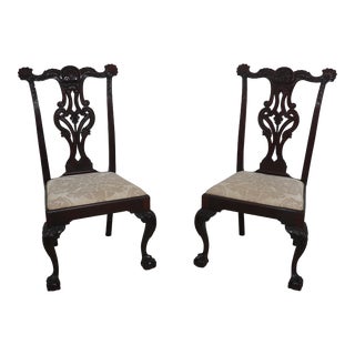 Pair Antique Ornately Carved Mahogany Chippendale Side Chairs For Sale