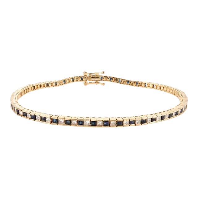 Square Shape Blue Sapphire and Diamond 18k Yellow Gold Tennis Bracelet for Him For Sale