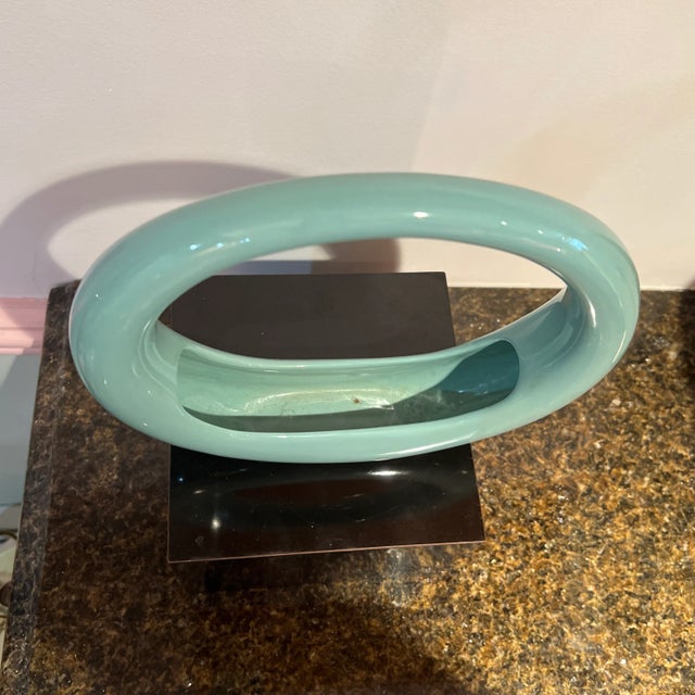 Circa 1980s Postmodern Teal Ring Round Vase For Sale - Image 4 of 6