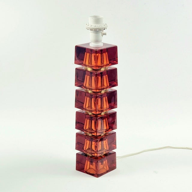 Metal Large Mid-Century Scandinavian Art Glass and Brass Table Lamp attributed to Carl Fagerlund for Orrefors, Sweden, 1960s For Sale - Image 7 of 9