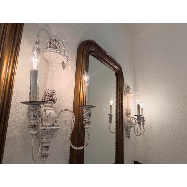 Shabby Chic Set of Three Distressed French Country Wall Sconces With Matching Large & Medium Chandeliers Available For Sale - Image 3 of 8