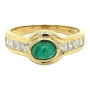 Natural Emerald Bezel Set Cabochon Cut Ring With Princess Cut Diamonds in 18K Ye, Size 7