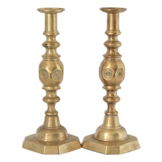 Victorian 'Good Luck' Brass Candlesticks For Sale