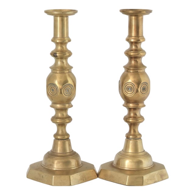 Victorian 'Good Luck' Brass Candlesticks For Sale