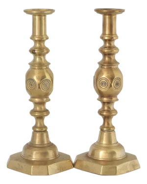 Victorian 'Good Luck' Brass Candlesticks