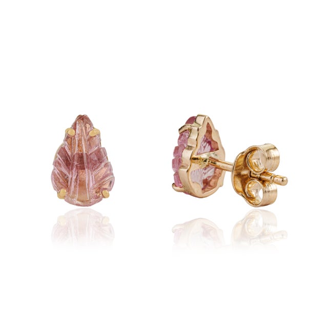 Metal Contemporary 1.27ct Pink Tourmaline Carved Leaf Stud Earrings in 14k Yellow Gold- A Pair For Sale - Image 7 of 15