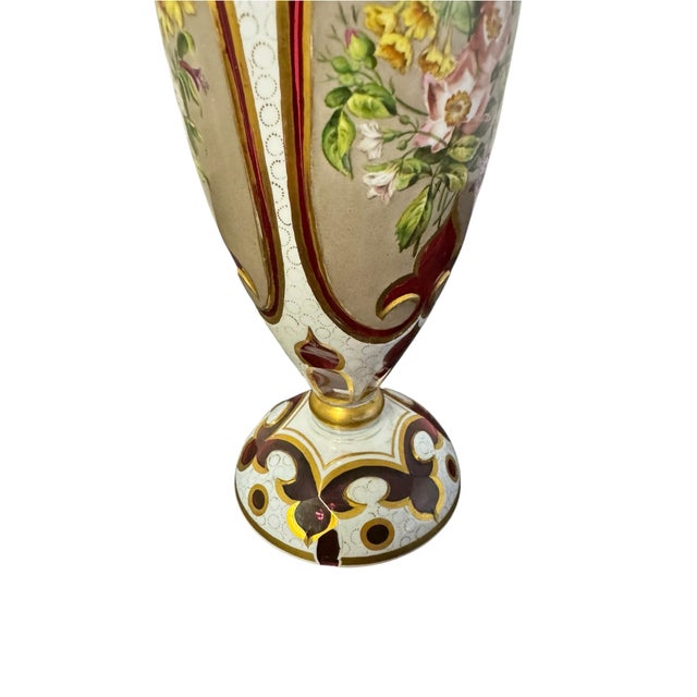 Antique Bohemian Cranberry Cut Glass Vase With Hand-Painted Enamel Flowers, Overlay, and Gilt. 12.75” Early 1900s Romantic Victorian For Sale - Image 11 of 12
