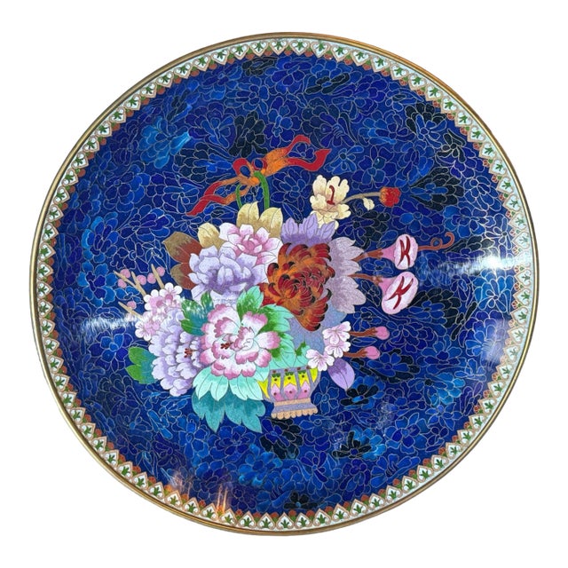 Antique 20" Inlay Chinese Enameled Cloisonne Charger With Floral Bouquet For Sale