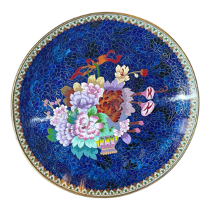 Antique 20" Inlay Chinese Enameled Cloisonne Charger With Floral Bouquet