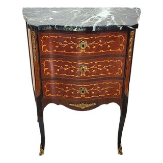 Antique French Louis XV Style Bronze & Inlaid Verde Marble Top Nighstand Chest For Sale
