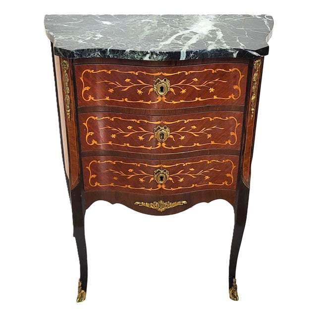 Antique French Louis XV Style Bronze & Inlaid Verde Marble Top Nighstand Chest For Sale
