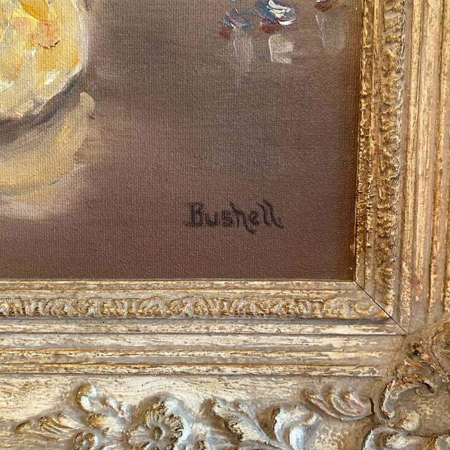 Vintage Floral Still Life Oil Painting on Board in Ornate Gold Toned Wood Frame For Sale - Image 4 of 12