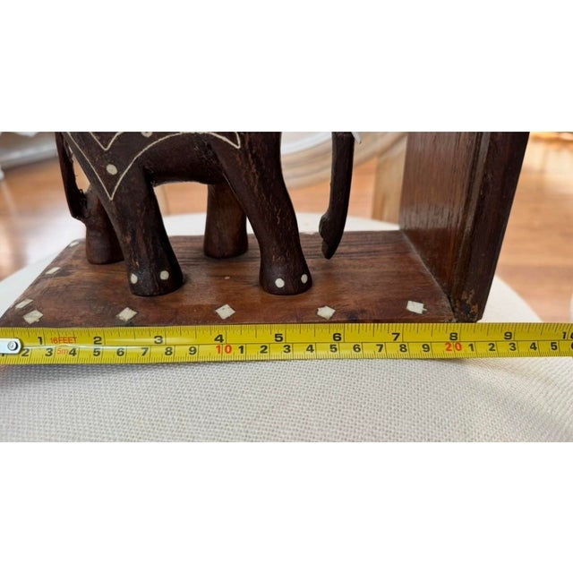 Wood Mid 20th Century Anglo-Indian Carved Hardwood Elephant Bookends With Intricate Bone Inlay — Pair For Sale - Image 7 of 11