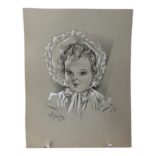 1940s Original Signed Graphite Illustration of Young Girl in Bonnet, 11.5 × 9 In. For Sale