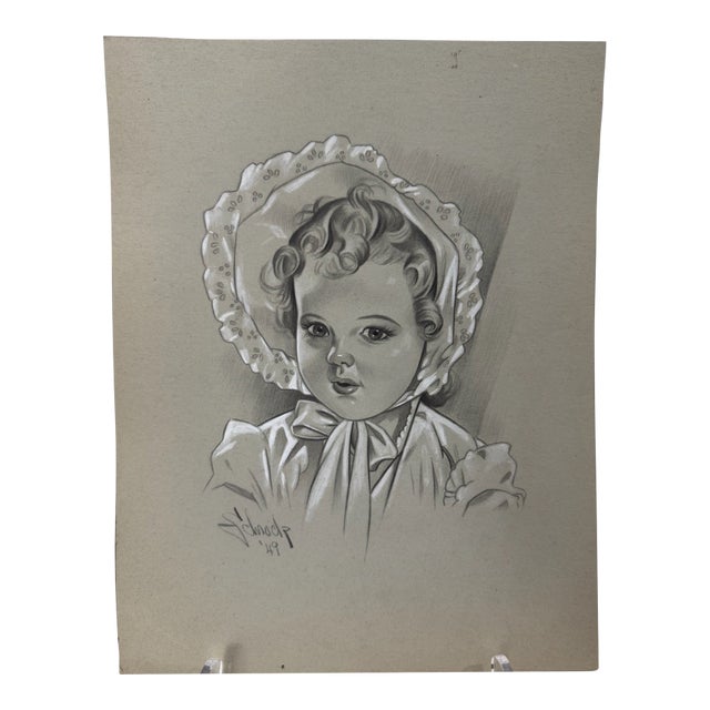 1940s Original Signed Graphite Illustration of Young Girl in Bonnet, 11.5 × 9 In. For Sale