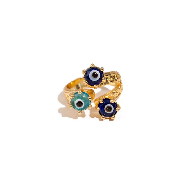 Divine Trio Evil Eye Adjustable Gold Ring, Size 4 For Sale - Image 9 of 12