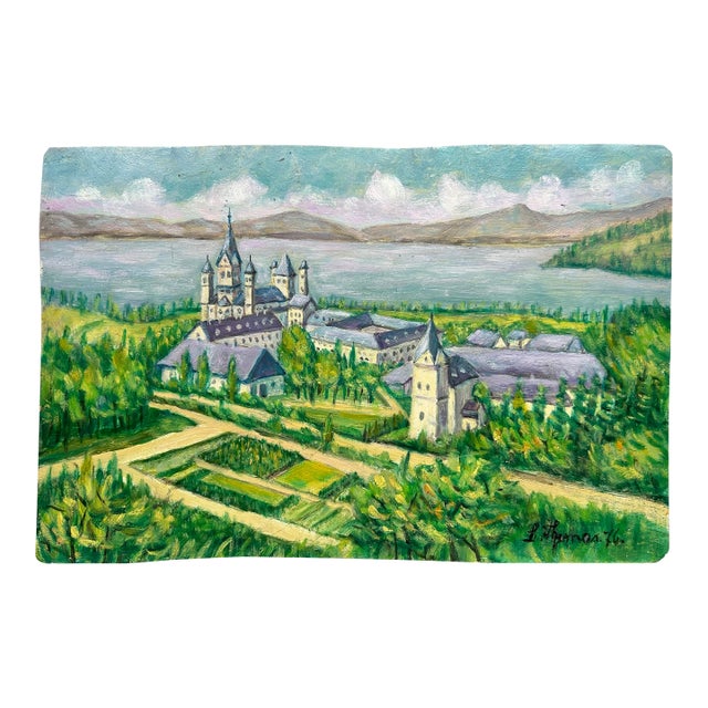 Vintage 1976 Original Landscape Oil Painting of Maria Laach Abby in Germany ~ on Metal Panel For Sale