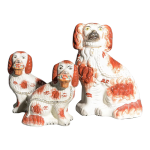 Antique Staffordshire Red & White King Charles Spaniel Mantel Dogs – Set of 3