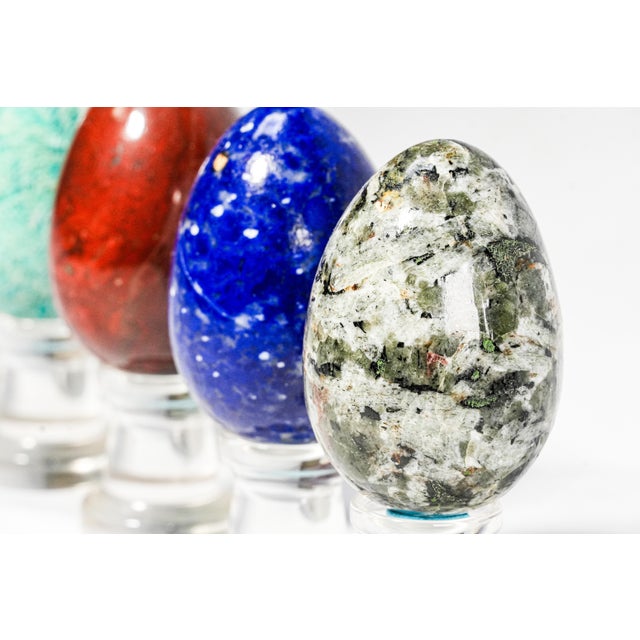 Collection Vintage Stone Specimen Egg 9 Polished Gemstone Eggs Display Stands Geological Mineral Display Cabinet of Curiosities Home Decor For Sale - Image 11 of 18