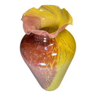 Vintage 14 In. Tall Murano Pink Yellow Spatter Confetti Vase For Sale