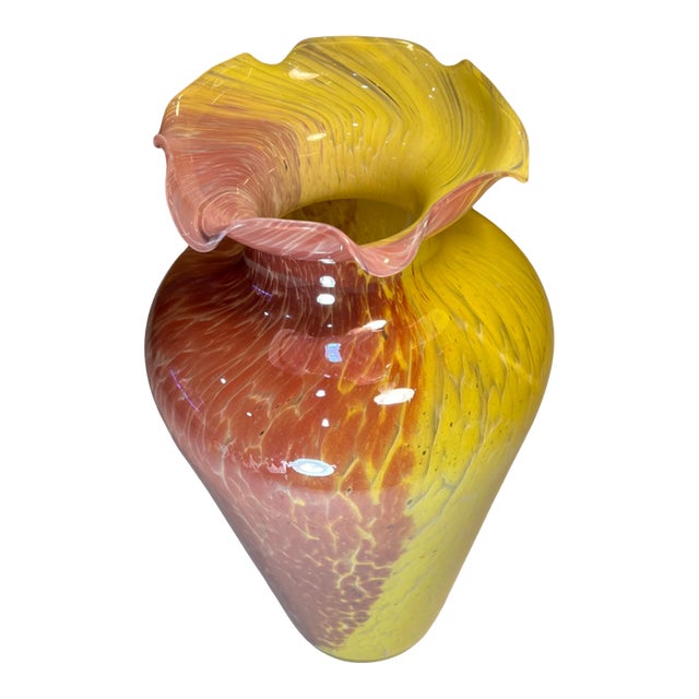 Vintage 14 In. Tall Murano Pink Yellow Spatter Confetti Vase For Sale