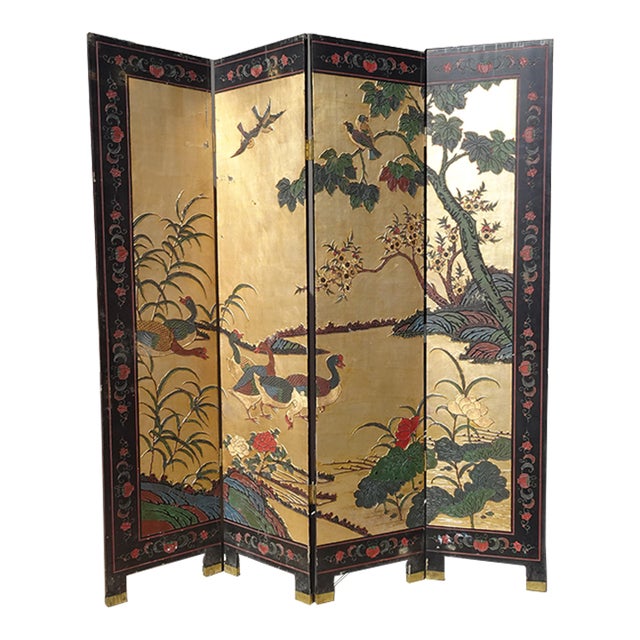 Oriental Asian Four Panel Screen Gold Chinoiserie Coromandel Room Divider Geese For Sale