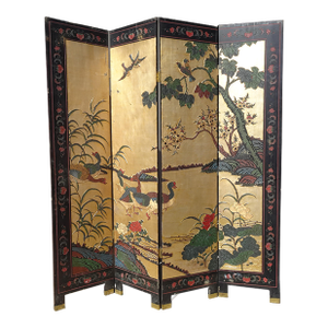Oriental Asian Four Panel Screen Gold Chinoiserie Coromandel Room Divider Geese