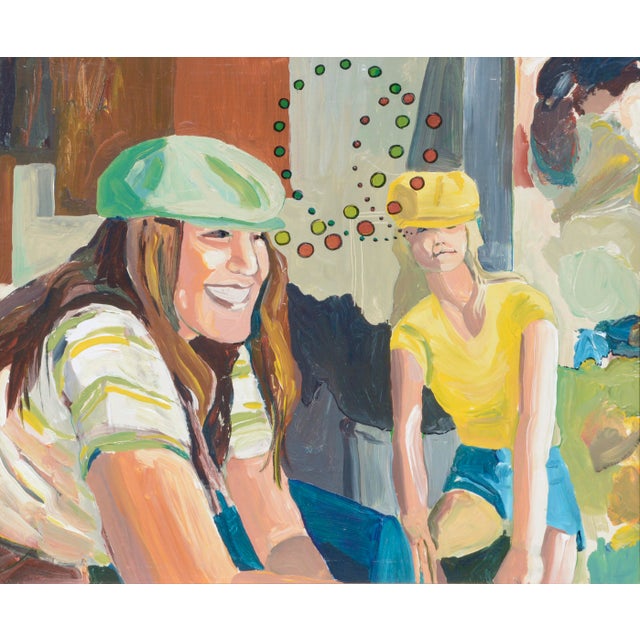 Joyful figurative scene with two smiling cyclists, connected with a series of colorful, swirling dots, by P. Gren Hayes...