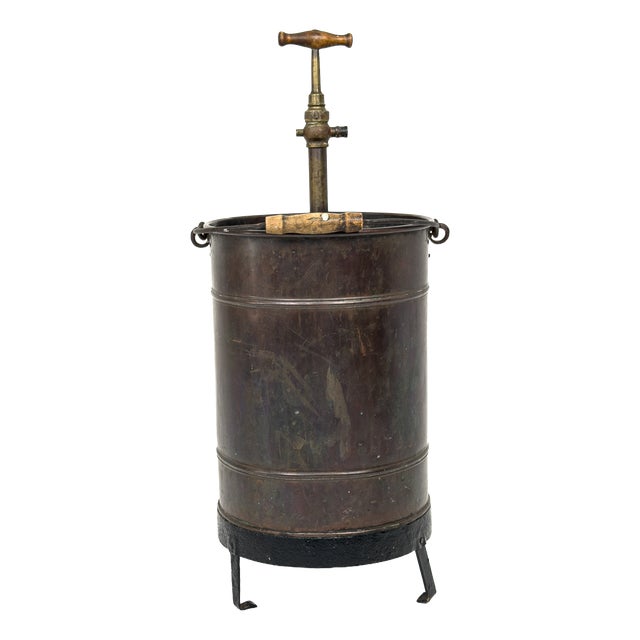 Primitive Industrial Copper Pressure Vessel with Brass Pump, Europe, 1920 For Sale