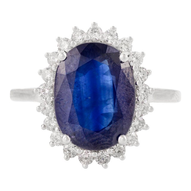 Women's 14k Gold Certified Oval Sapphire Halo Diamond Ring Size 5 For Sale