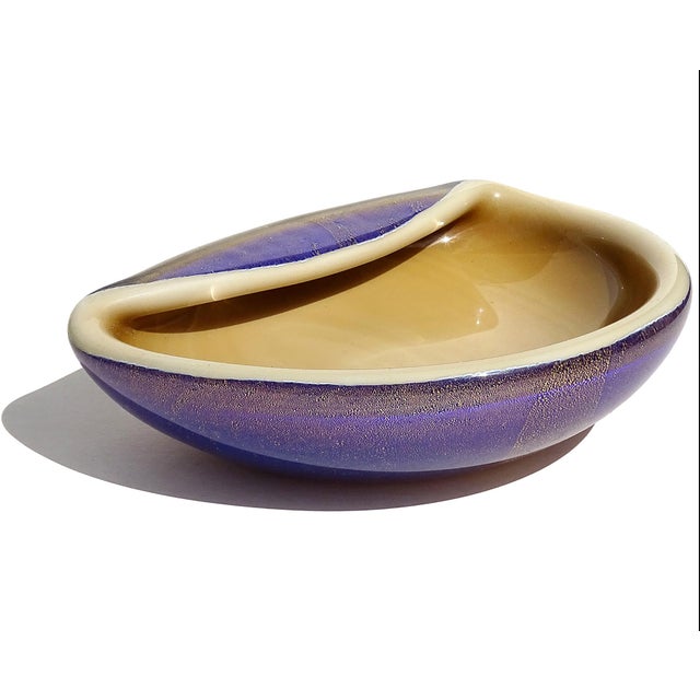 Mid-Century Modern Vintage Seguso Murano 1956 Sapphire Blue Tan Gold Flecks Italian Art Glass Midcentury Decorative Bowl For Sale - Image 3 of 7