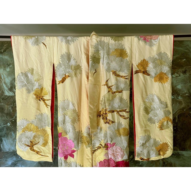 Yellow Vintage Japanese Ceremonial Wedding Kimono with Embroidery Designs For Sale - Image 8 of 13
