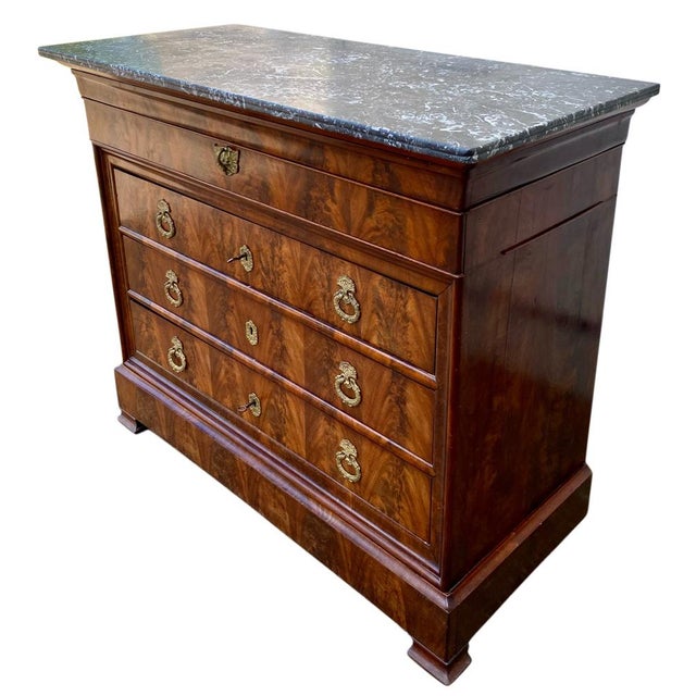 Louis Philippe Commode in Walnut and Burr Walnut with Black Marble Top, 1890s For Sale - Image 6 of 13