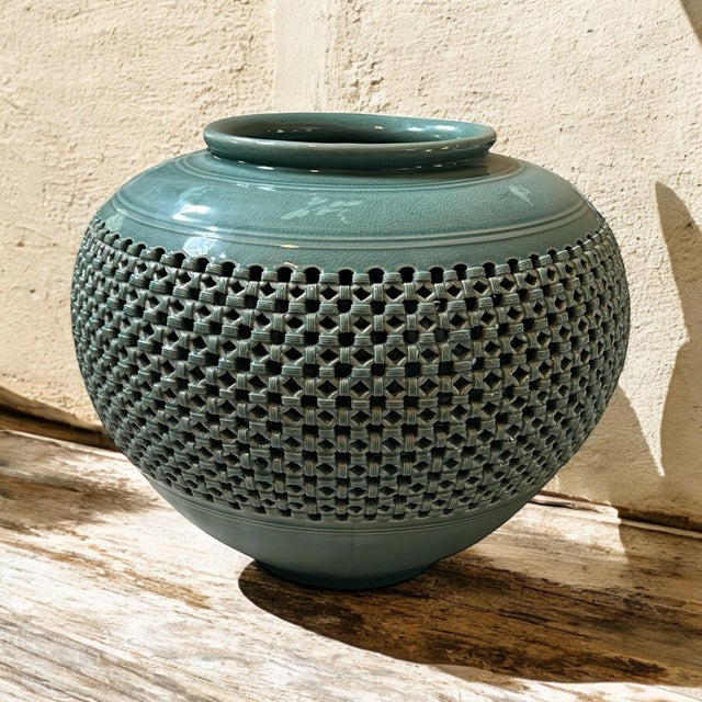Late 20th Century Highly Reticulated Large Korean Celadon Pot For Sale - Image 11 of 12