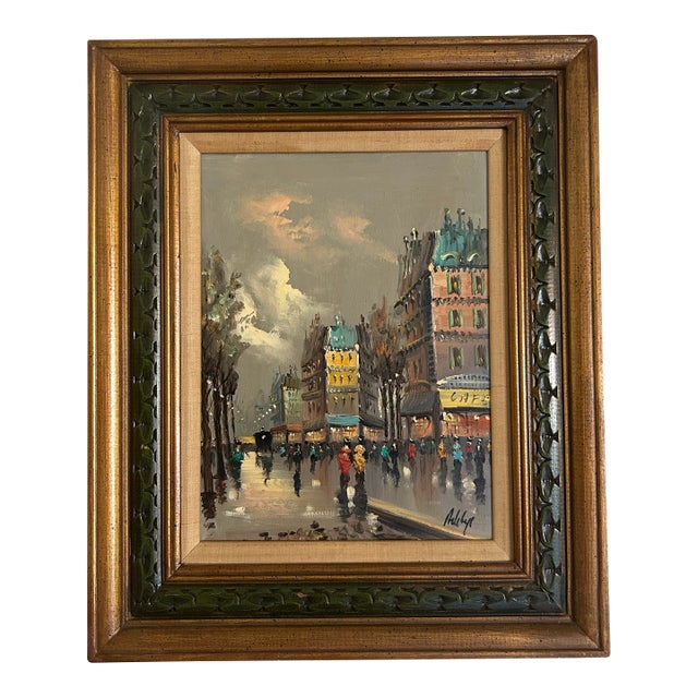 Vintage 1960’s Paris Street Scene Oil Painting in Vintage Frame For Sale