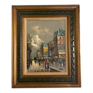 Vintage 1960’s Paris Street Scene Oil Painting in Vintage Frame