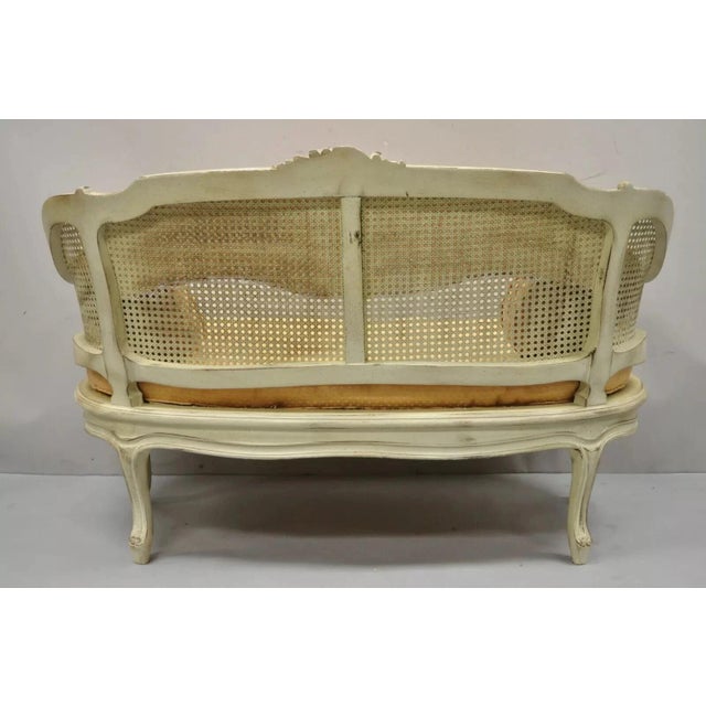 Vintage French Louis XV Victorian Style Small Cream Painted Settee Loveseat Sofa For Sale - Image 10 of 12