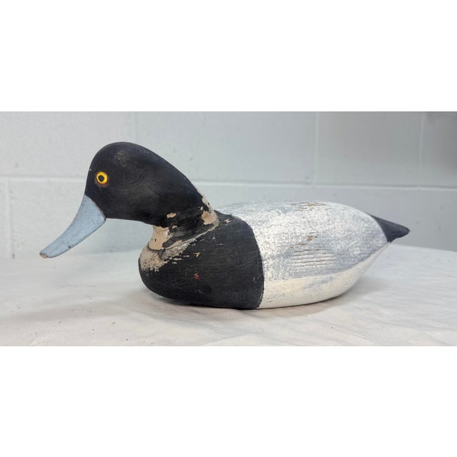 Antique Hand Carved Wood Folk Art Bluebill Drake Duck Decoy Bird Sculpture For Sale - Image 11 of 12