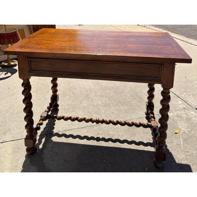 Wood Baker Furniture English Oak & Burl Wood Barley Twist Writing Desk For Sale - Image 7 of 7