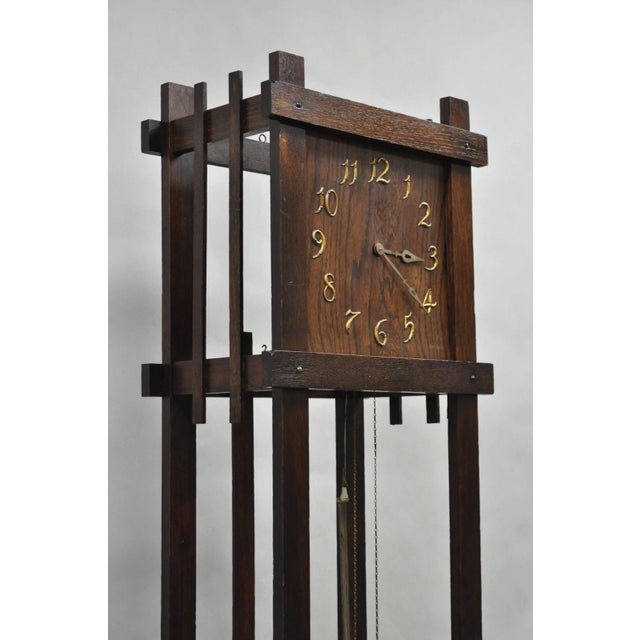 Early 20th Century Antique Mission Arts and Crafts Oak Wood Tall Case Grandfather Clock For Sale - Image 5 of 17