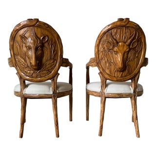 Vintage Faux Bois & Wildlife Carved Wood Back Arm Accent Chairs - a Pair For Sale